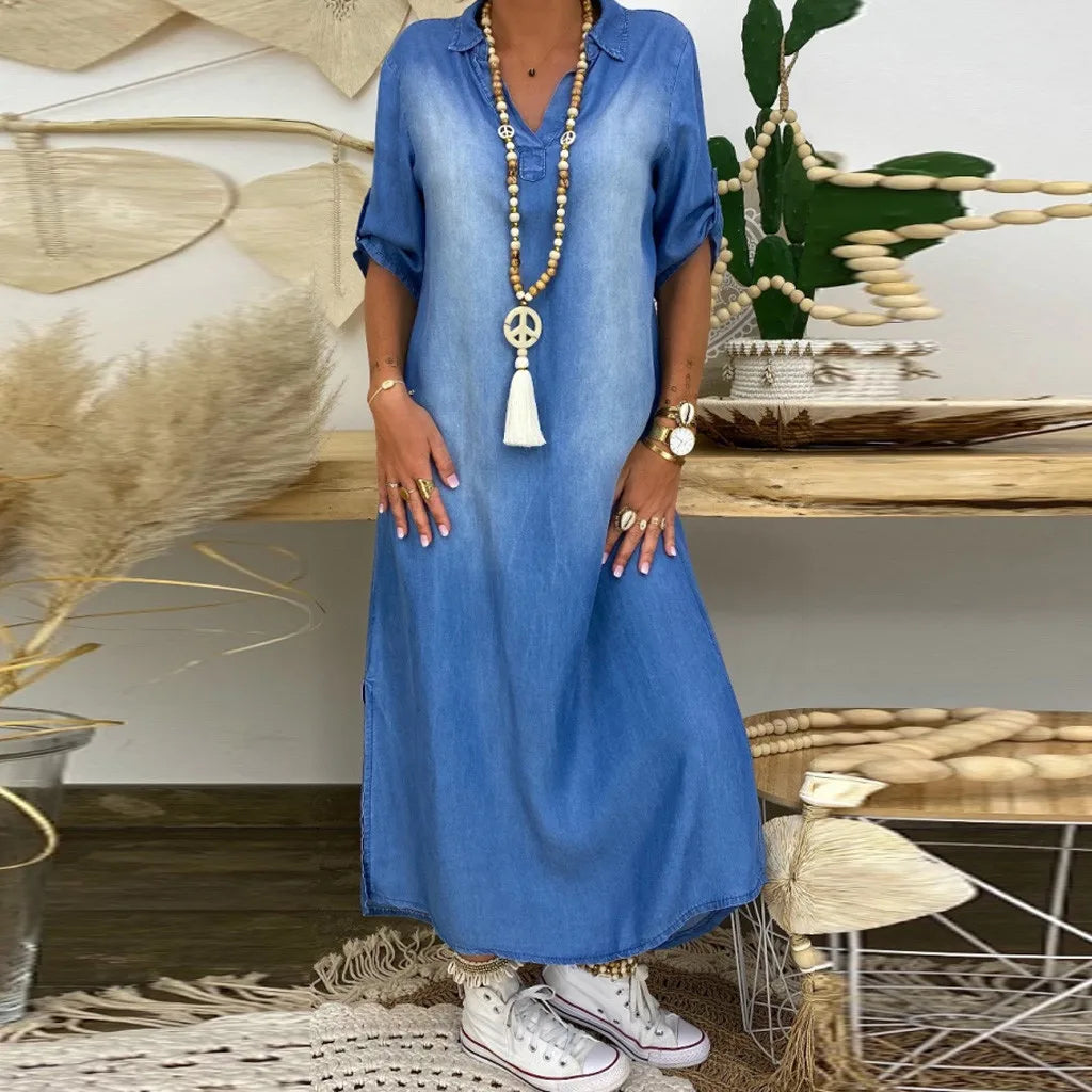 Daniela | Langes Kleid im Jeans-Look mit Seitenschlitz