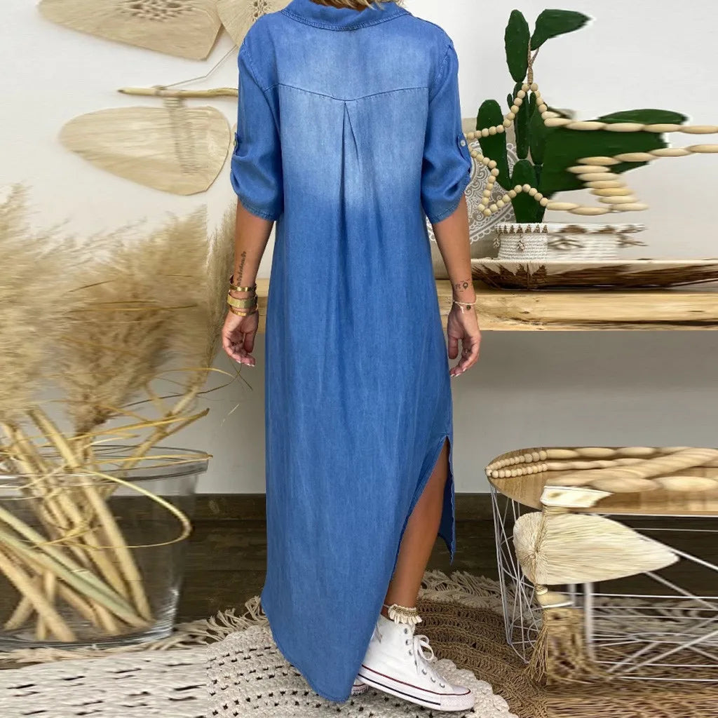 Daniela | Langes Kleid im Jeans-Look mit Seitenschlitz
