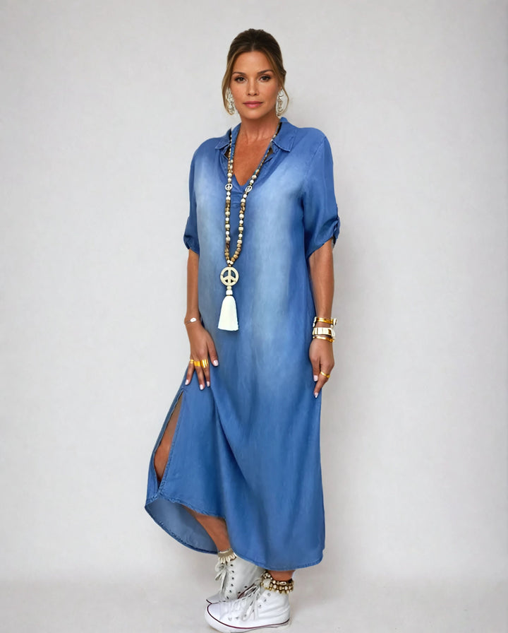 Daniela | Langes Kleid im Jeans-Look mit Seitenschlitz