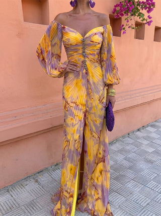 Gisela | Langes Blumenkleid mit tiefem Ausschnitt