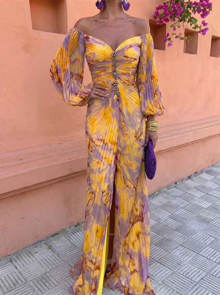 Gisela | Langes Blumenkleid mit tiefem Ausschnitt