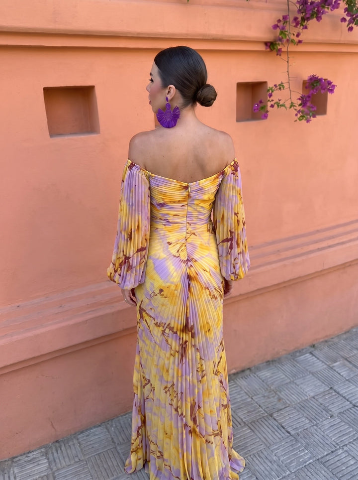 Gisela | Langes Blumenkleid mit tiefem Ausschnitt