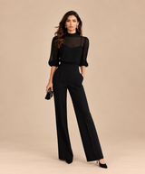 Valentina | Dreiteiliges Set, das ein transparentes Top und weit geschnittene Hosen umfasst.